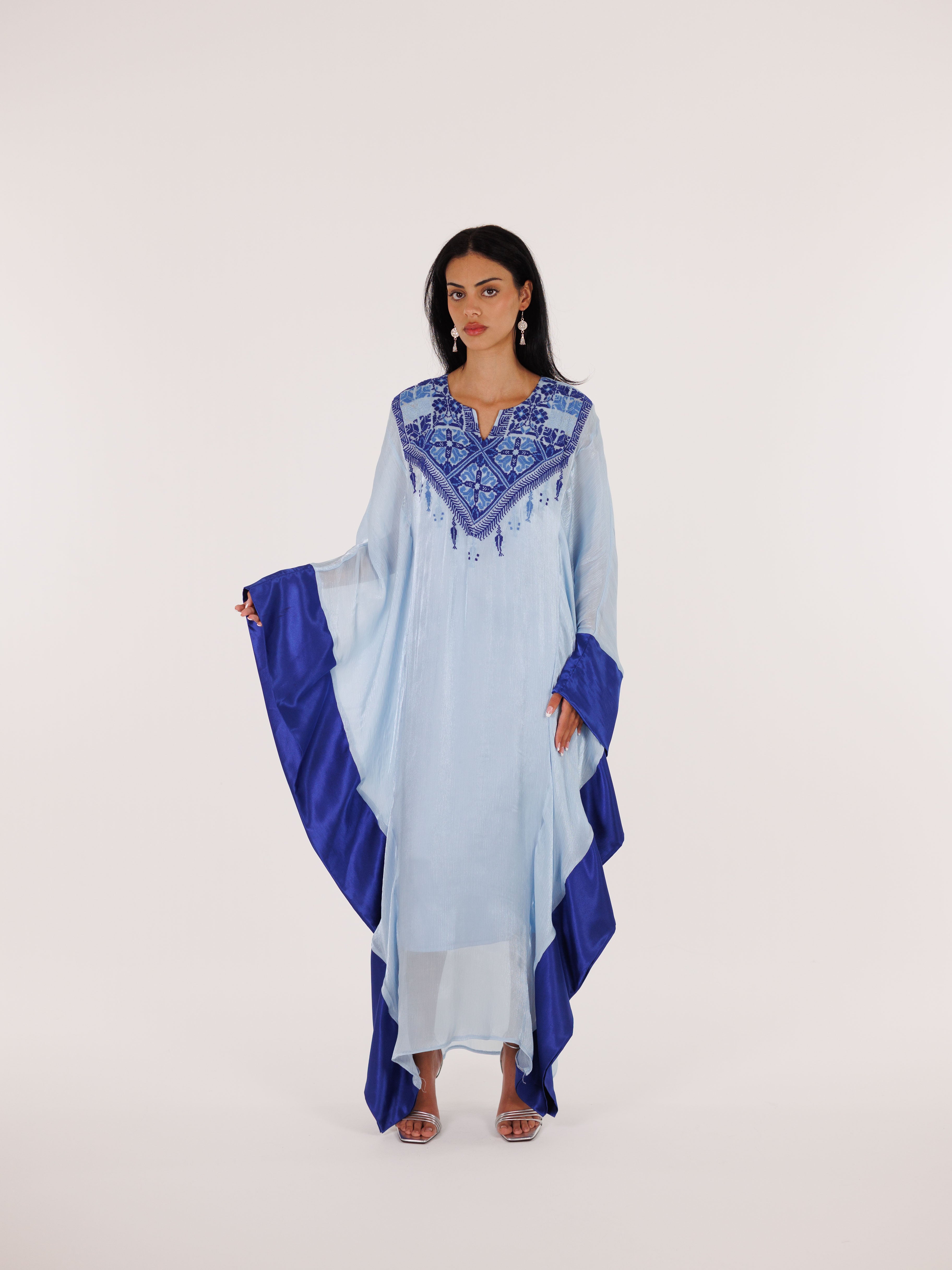 Qabbeh Abaya Satin Trim Dress - Blue