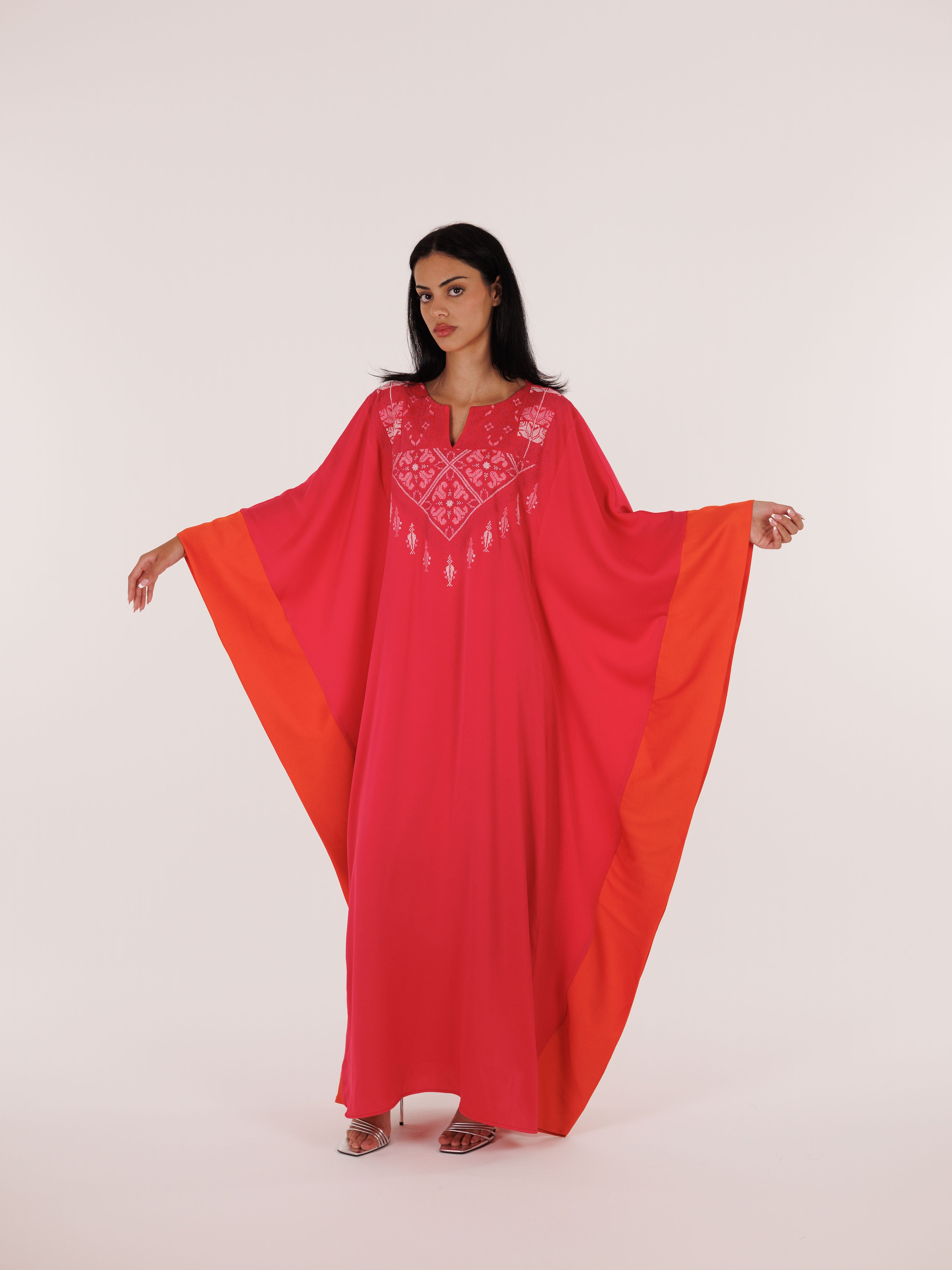 Qabbeh Abaya Satin Trim Dress - Pink